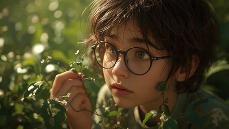 A highly detailed, cinematic photograph of a bespectacled, homeschooled prodigy with untidy brown hair and bright, inquisitiv
