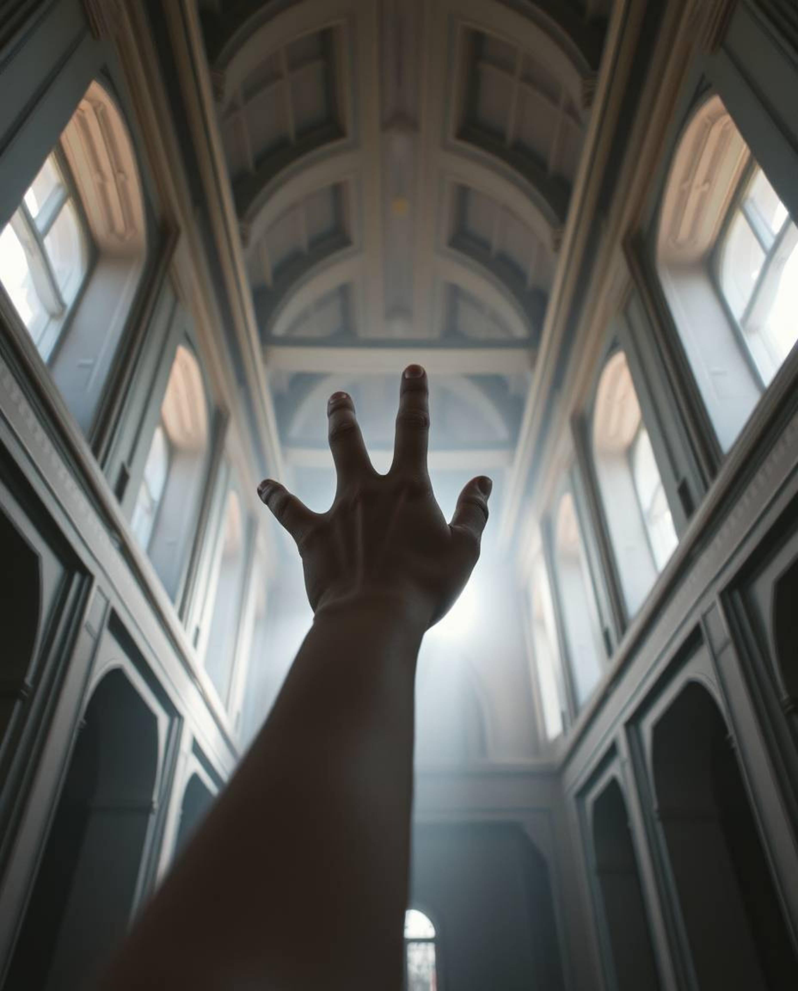 A captivating architectural photograph showcasing a hand reaching towards a soft, hazy light from the darkness.  The image fe