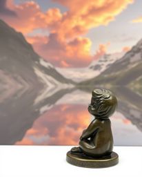 An adorable antique bronze statue, complete with charming features and an authentic patina finish, captures a whimsical scene
