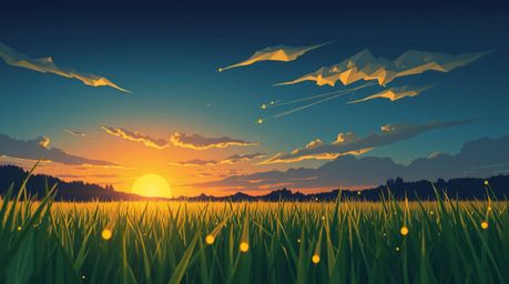 Experience the serene beauty of a sunset over a quiet meadow, brought to life with an intricate origami-style illustration. T