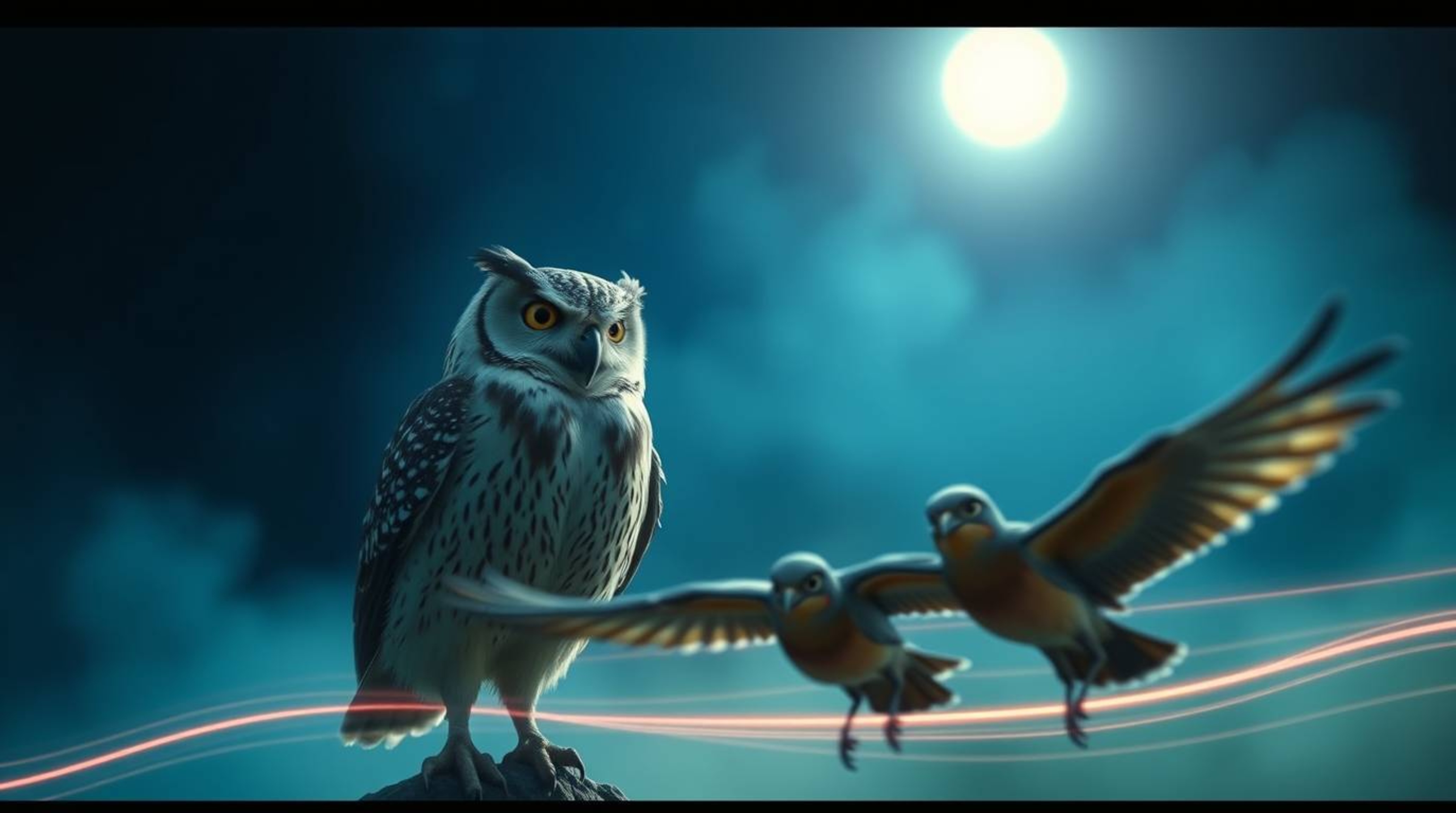 A cinematic, long-exposure photograph depicts a proud, blind owl rendered in a charming Pixar style, overseeing a group of bi
