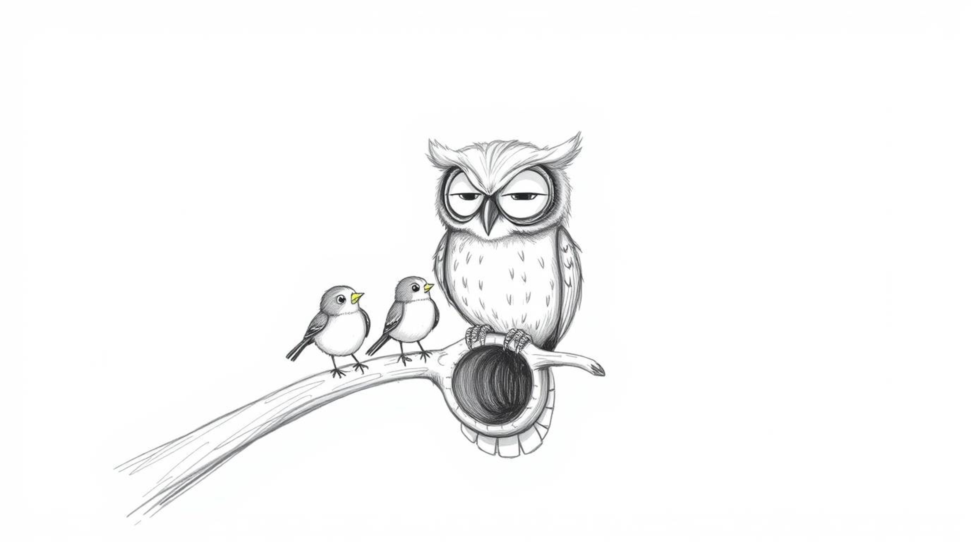 A heartwarming hand-drawn, Pixar-inspired sketch depicts a blind owl with soft, detailed feathers guiding small birds in lear