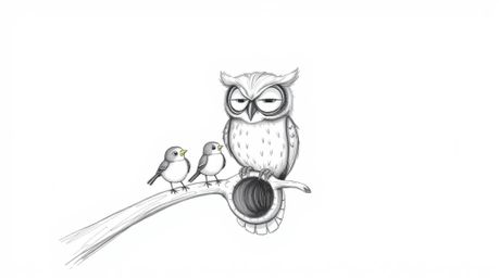 A heartwarming hand-drawn, Pixar-inspired sketch depicts a blind owl with soft, detailed feathers guiding small birds in lear