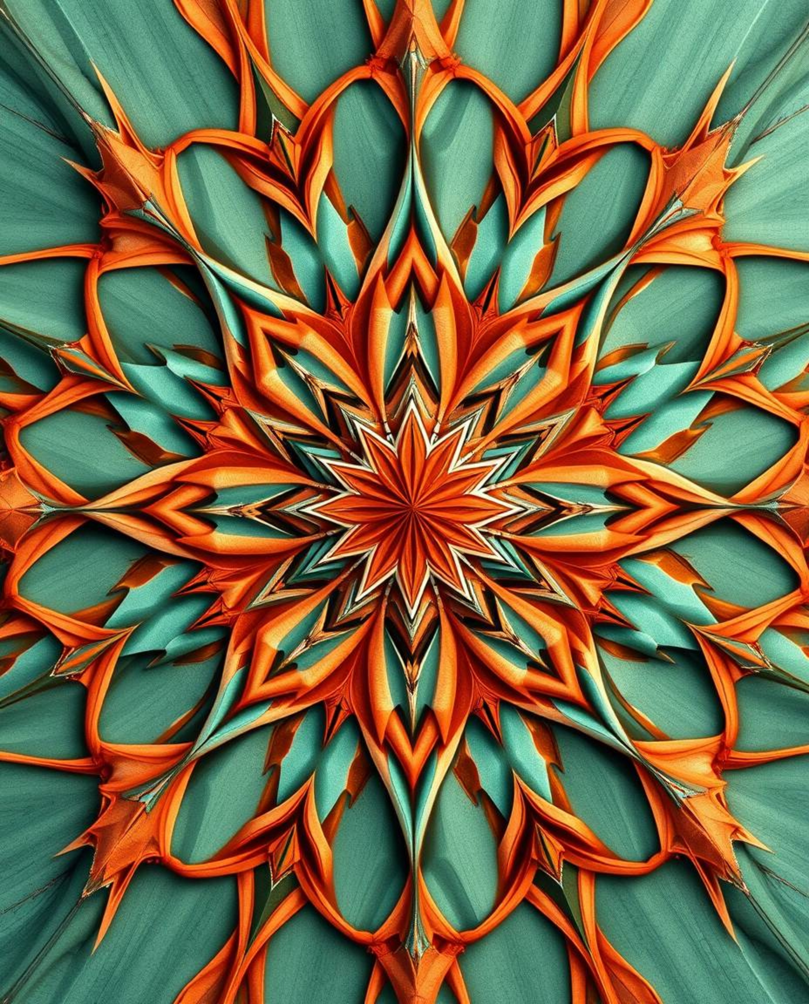 A mesmerizing visual of an intricate origami-style cosmic explosion.  Warm terracotta and cool teal colors collide, creating 