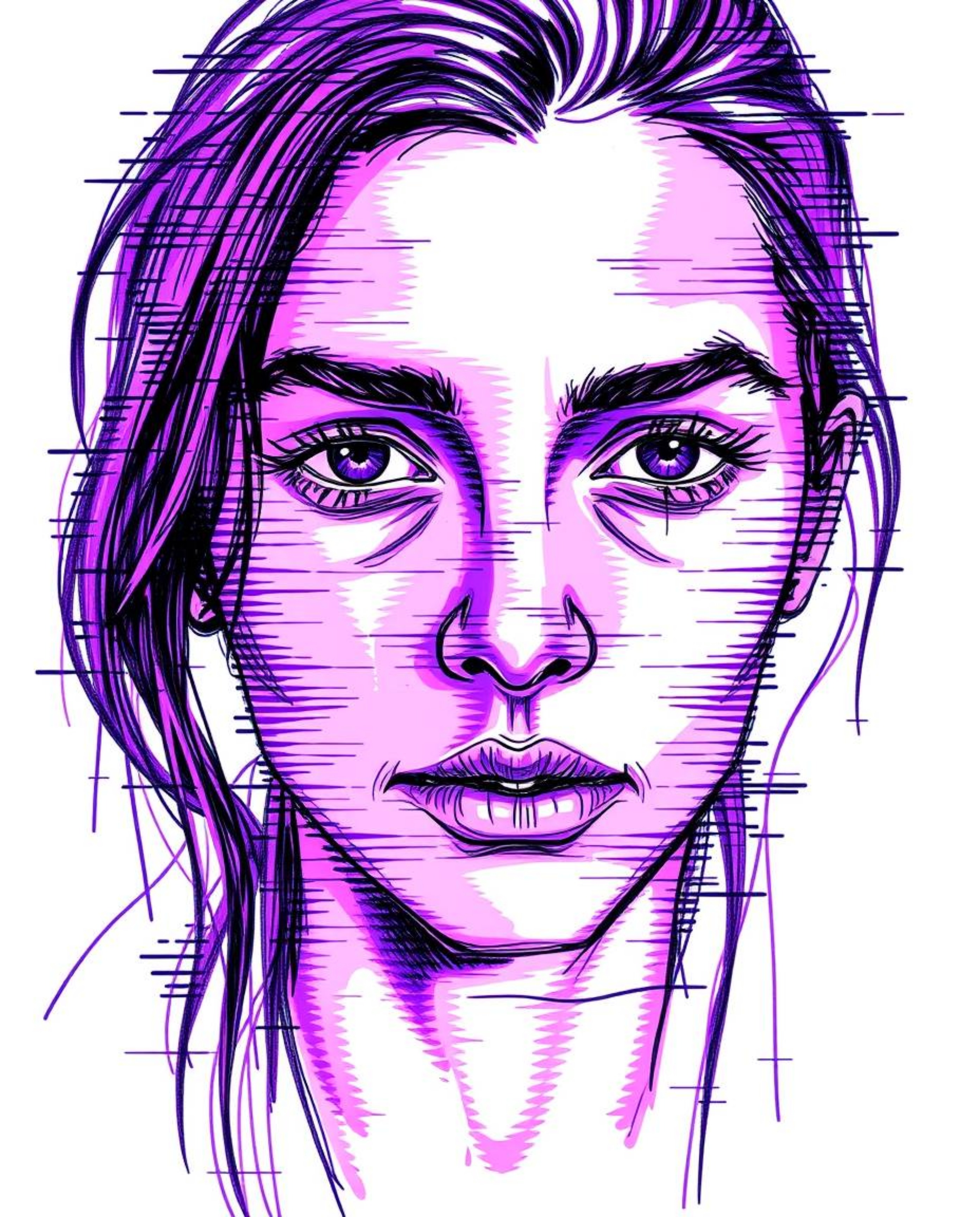 Explore a captivating hand-drawn digital glitch art portrait featuring deep ultraviolet hues and a corrupted data aesthetic. 