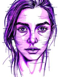 Explore a captivating hand-drawn digital glitch art portrait featuring deep ultraviolet hues and a corrupted data aesthetic. 