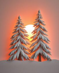 A silhouetted image with backlighting, depicting sunset light sparkling on snowy pine trees. The image uses a layered papier-