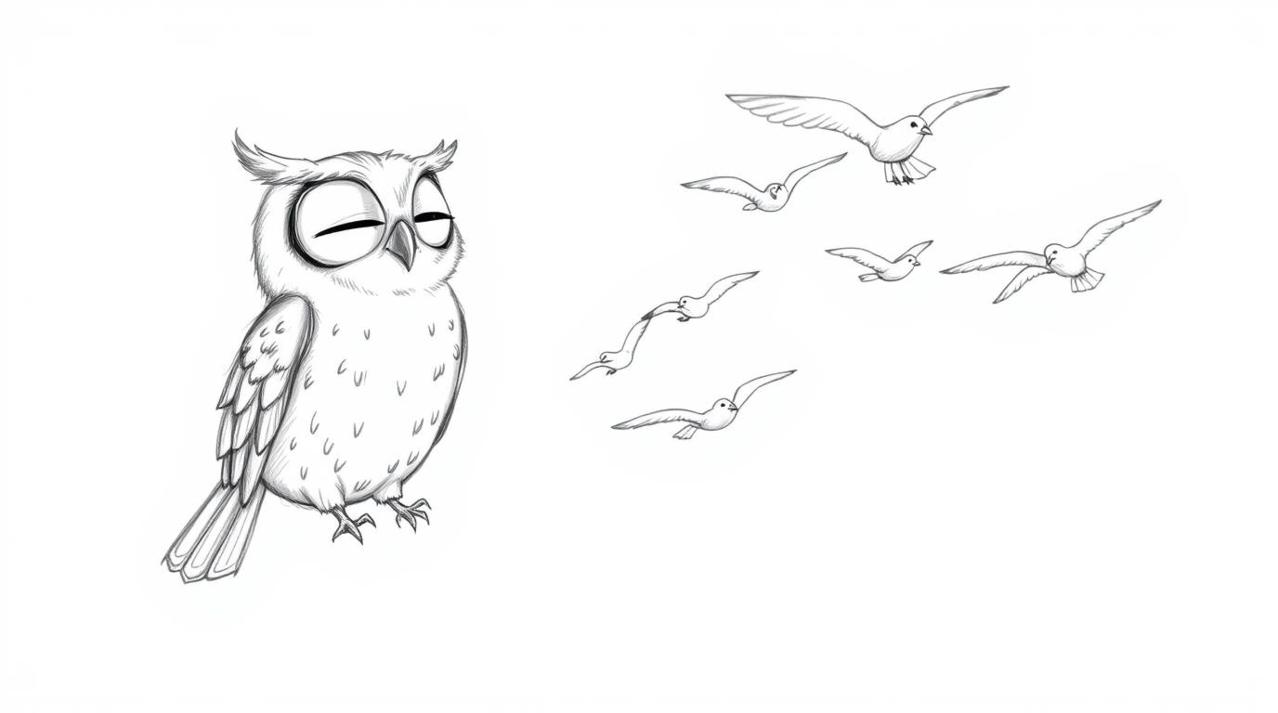 A heartwarming hand-drawn sketch depicts a blind owl with soft, downy feathers and closed eyes, guiding a flock of birds to a