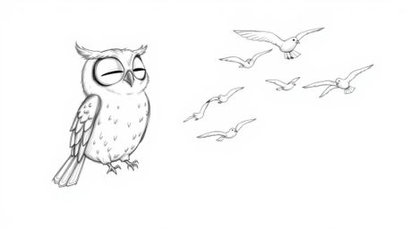A heartwarming hand-drawn sketch depicts a blind owl with soft, downy feathers and closed eyes, guiding a flock of birds to a