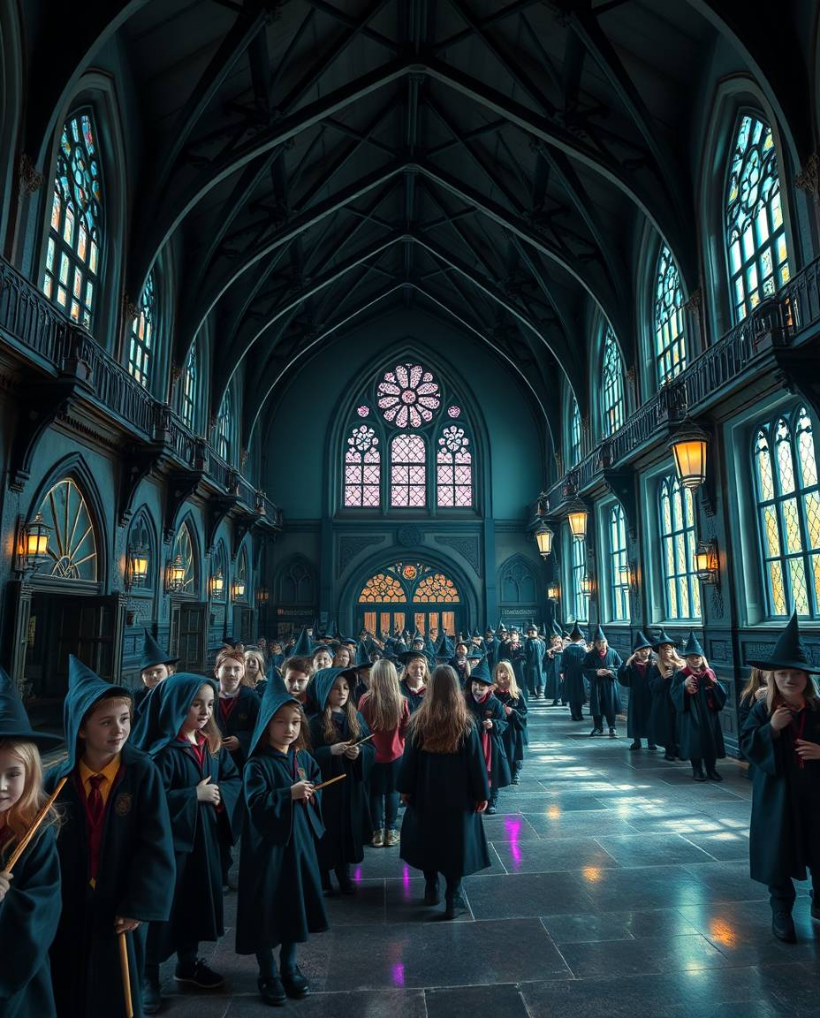 Explore a breathtaking color photograph of a magical school teeming with young wizards, meticulously showcasing precise archi