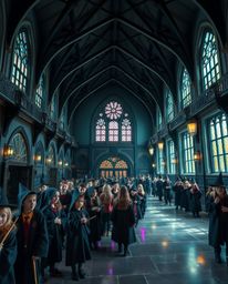 Explore a breathtaking color photograph of a magical school teeming with young wizards, meticulously showcasing precise archi