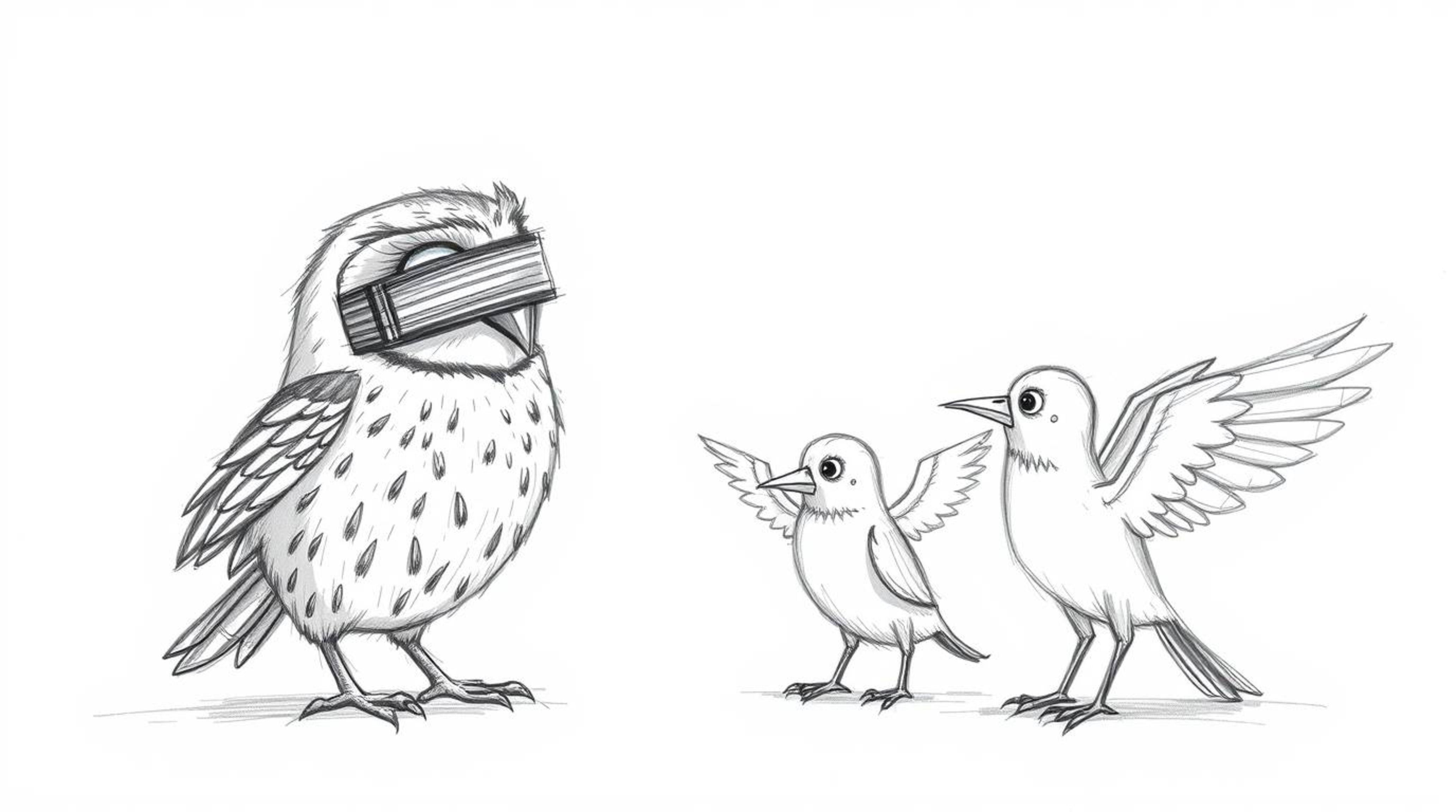 A heartwarming, Pixar-inspired hand-drawn sketch depicts a blind owl patiently guiding birds to fly. These eager students are