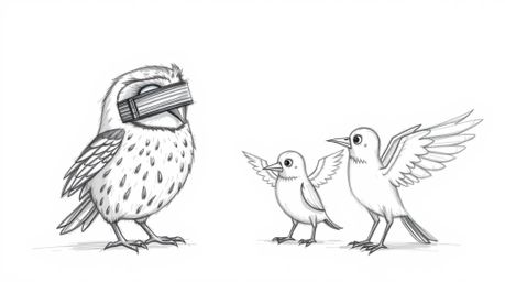 A heartwarming, Pixar-inspired hand-drawn sketch depicts a blind owl patiently guiding birds to fly. These eager students are