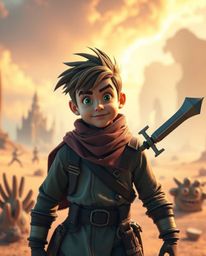 Embark on a surreal desert adventure with a brave Disney-style hero! This dreamlike image features a sharp focus on the prota