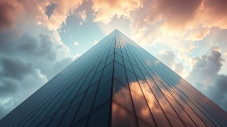 A modern glass building seamlessly melts into a mystical and enchanting sky, creating a dreamlike and ethereal atmosphere thr
