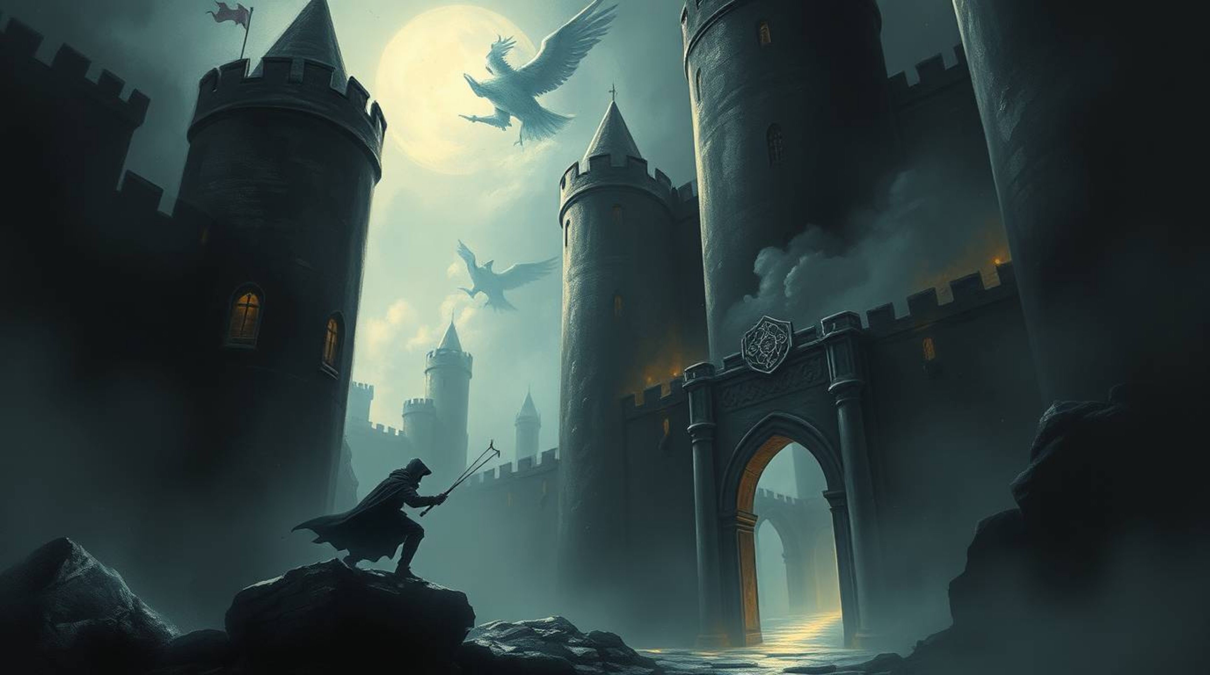 This artwork portrays a thief's daring infiltration of a heavily guarded castle with an ethereal and spiritual touch. The int
