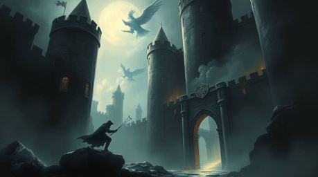 This artwork portrays a thief's daring infiltration of a heavily guarded castle with an ethereal and spiritual touch. The int