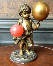 This image depicts a poignant scene of a child holding a balloon, likely rendered in a cast bronze sculpture with an antique 