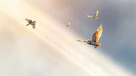 A delicate watercolor painting depicts a Pixar-style blind owl with inner vision, teaching birds to fly amidst volumetric lig
