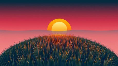 A captivating geometric logo design showcases a serene sunset over a tranquil meadow, subtly featuring fireflies.  The bird's