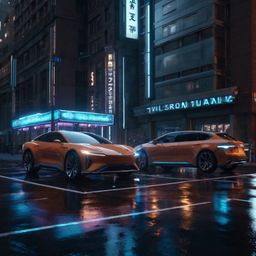 Explore a stylized 3D model depicting a vibrant urban street corner of the future. This scene features futuristic vehicles zi