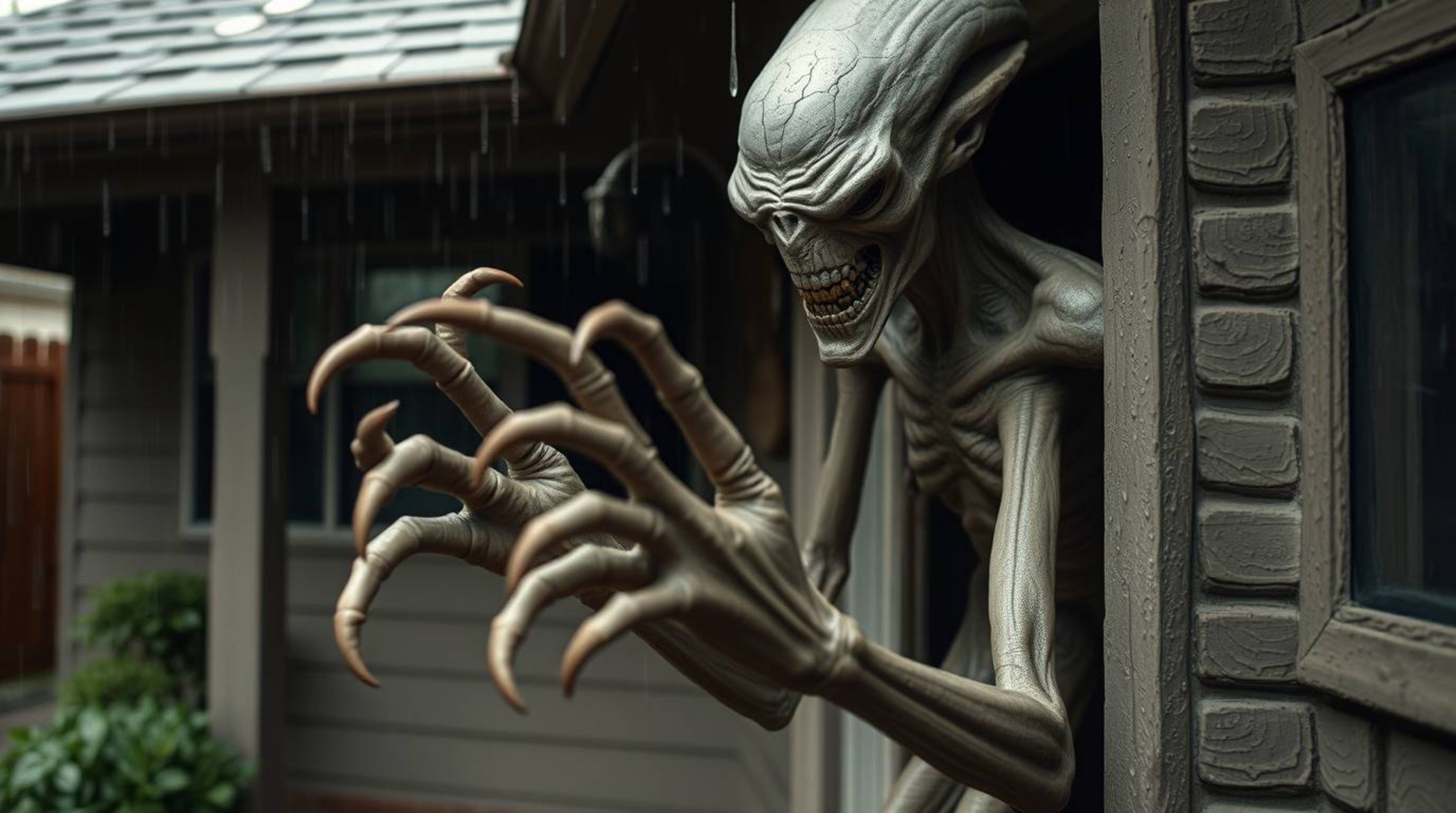 This sculptural clay art depicts a disturbing scene of an alien with pale, cracked skin and long claws dwelling within a wet,