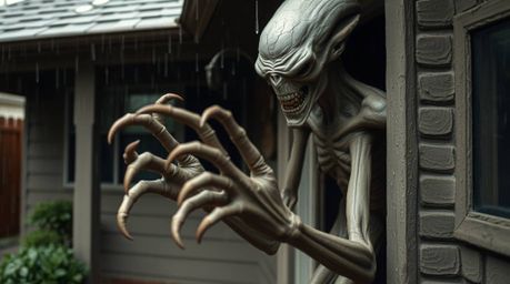 This sculptural clay art depicts a disturbing scene of an alien with pale, cracked skin and long claws dwelling within a wet,