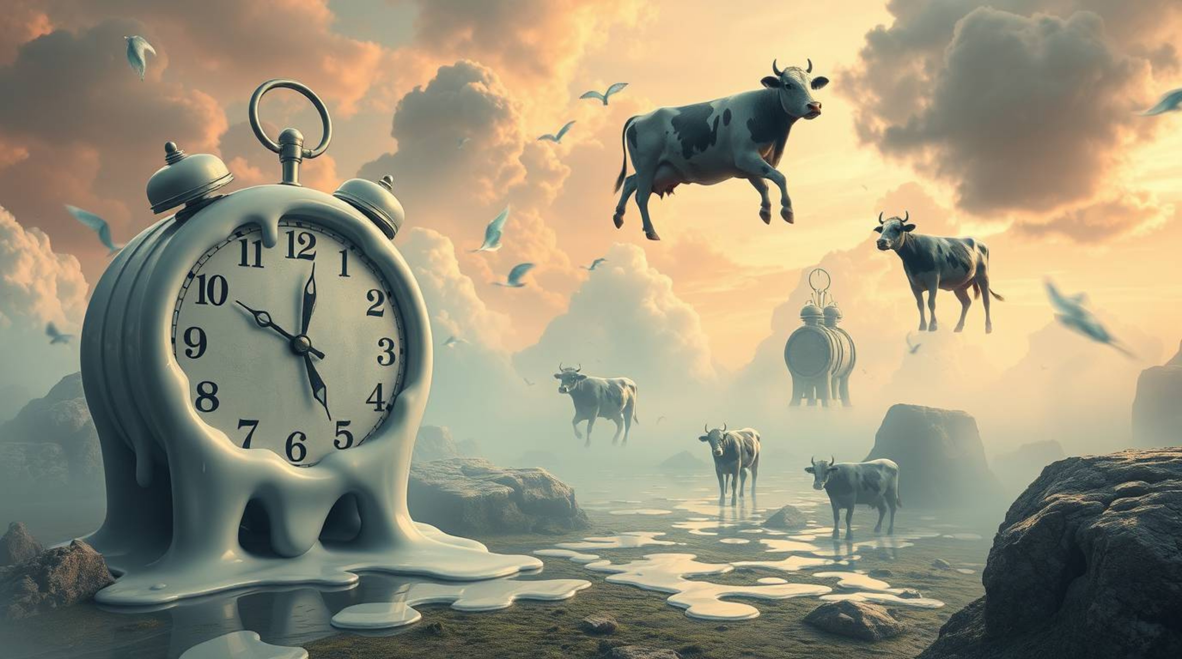A high-resolution stock photo depicting a surreal dreamscape, complete with melting clocks and floating cows, set within a my
