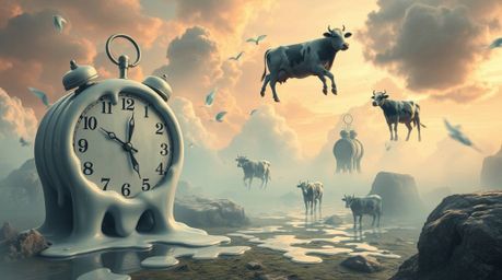 A high-resolution stock photo depicting a surreal dreamscape, complete with melting clocks and floating cows, set within a my