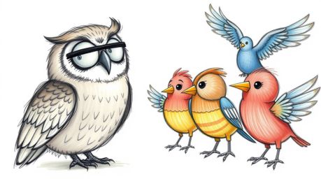 A heartwarming hand-drawn sketch in a Pixar style depicts a wise, blind owl with soft, expressive features guiding several bi