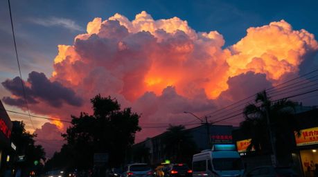 Capture the energy of urban life with these candid street photographs showcasing thunderstorm clouds brilliantly illuminated 