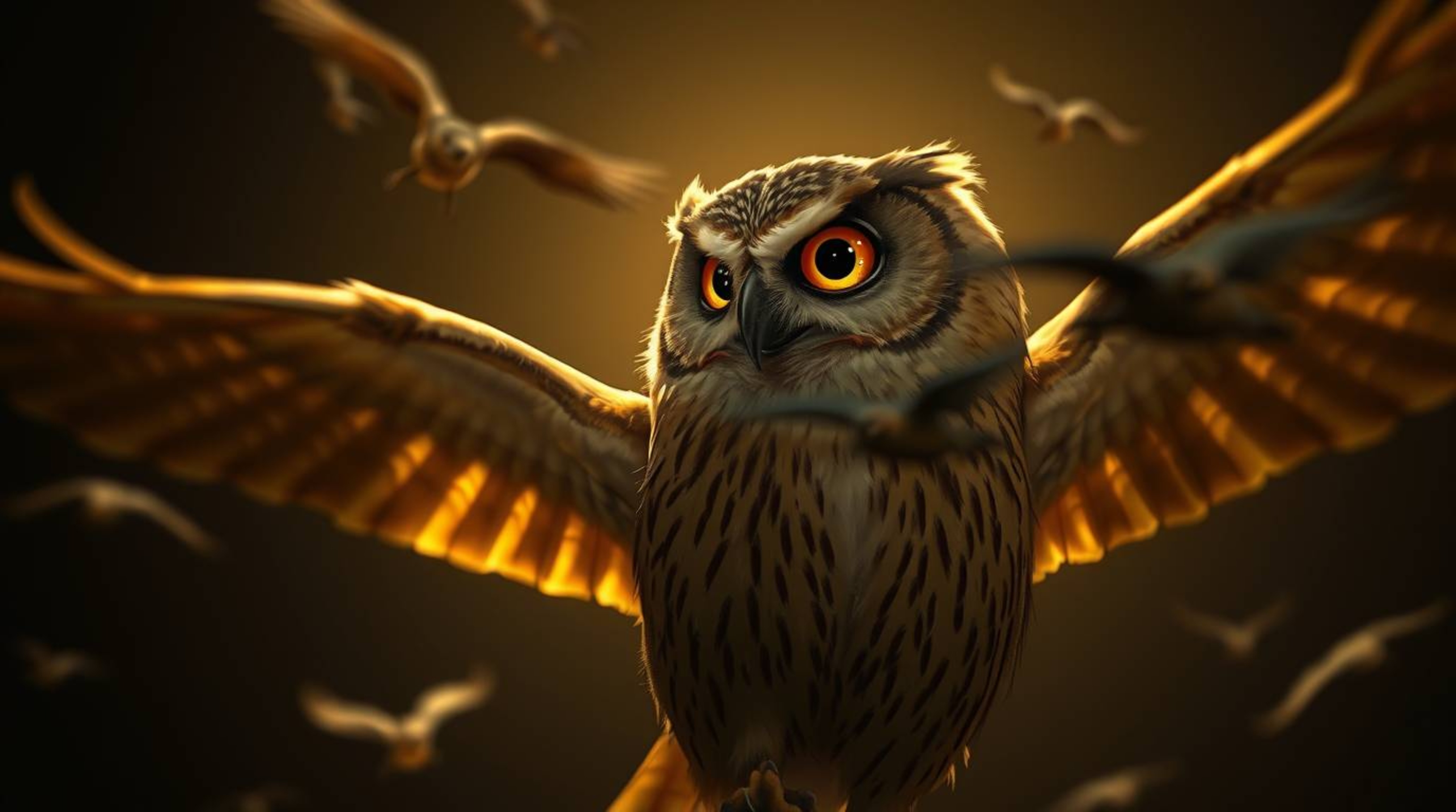 A captivating image of a blind owl, rendered in vibrant Pixar style, imparts the gift of flight to a flock of birds. The scen