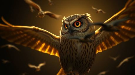 A captivating image of a blind owl, rendered in vibrant Pixar style, imparts the gift of flight to a flock of birds. The scen