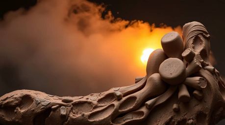 Captivating sculptural clay art depicting mist rising from a serene forest during golden hour.  The piece features meticulous
