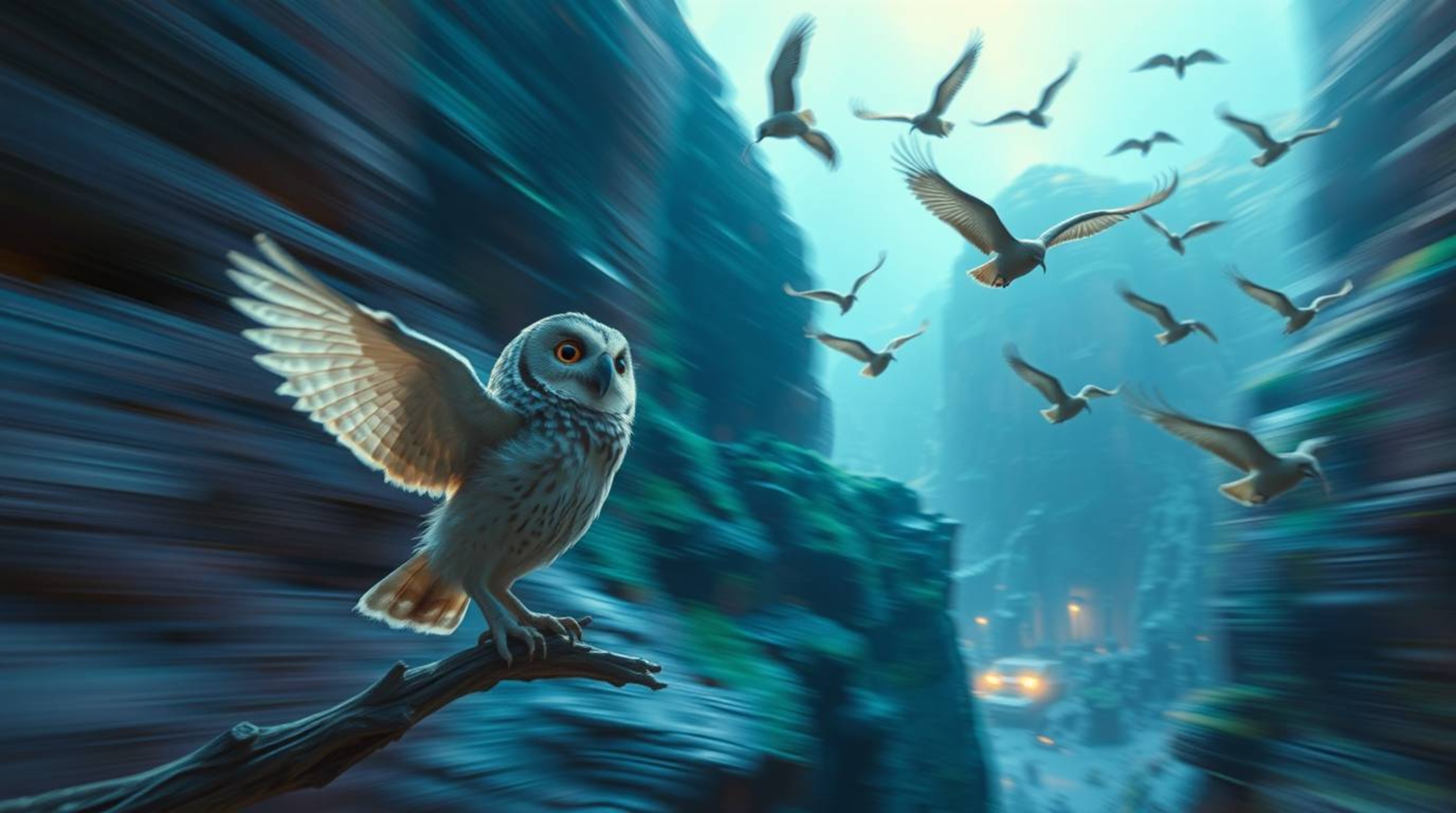 This long-exposure photograph, created in the heartwarming style of Pixar, captures a truly magical moment. A blind owl with 