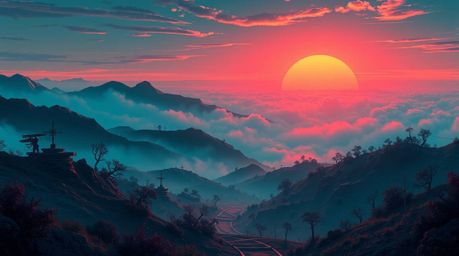 A stunning futuristic sci-fi illustration depicting fog-covered hills bathed in the vibrant hues of a sunset.  The image feat