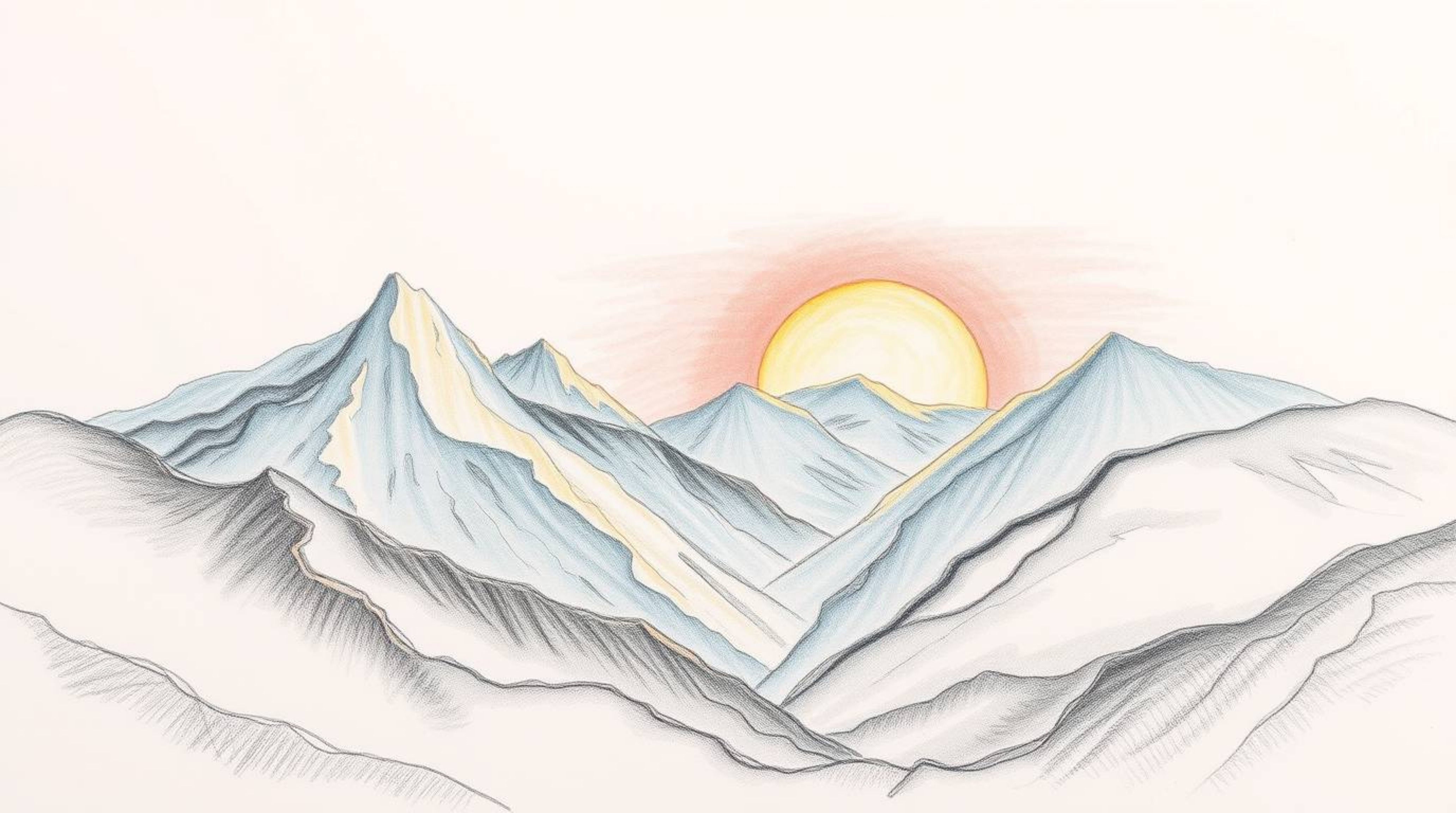 A captivating hand-drawn sketch depicting snow-covered mountains bathed in the warm glow of a pastel sunset.  The image evoke