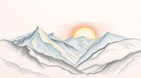 A captivating hand-drawn sketch depicting snow-covered mountains bathed in the warm glow of a pastel sunset.  The image evoke