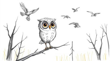 A heartwarming hand-drawn sketch in the style of Pixar depicts a blind owl with large, expressive eyes patiently teaching bir