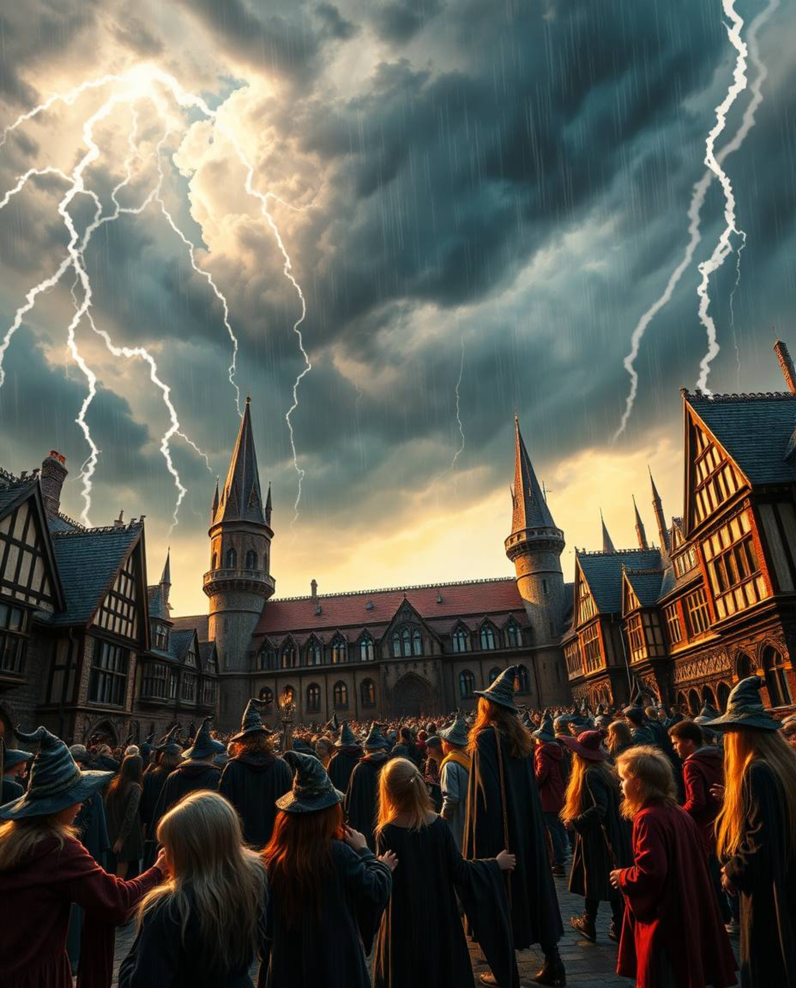 A high-resolution stock photo showcasing a magical school filled with young wizards, set against a backdrop of dramatic, stor