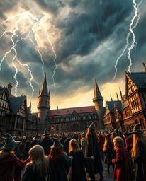 A high-resolution stock photo showcasing a magical school filled with young wizards, set against a backdrop of dramatic, stor
