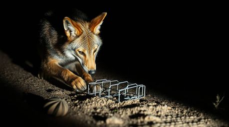 A captivating close-up shot showcases a coyote meticulously setting a trap in the harsh desert environment.  The image utiliz