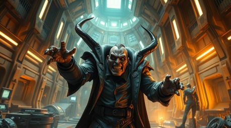 Witness a hilarious epic scene of a villain experiencing a spectacular breakdown within a massive, high-tech lair.  The scene