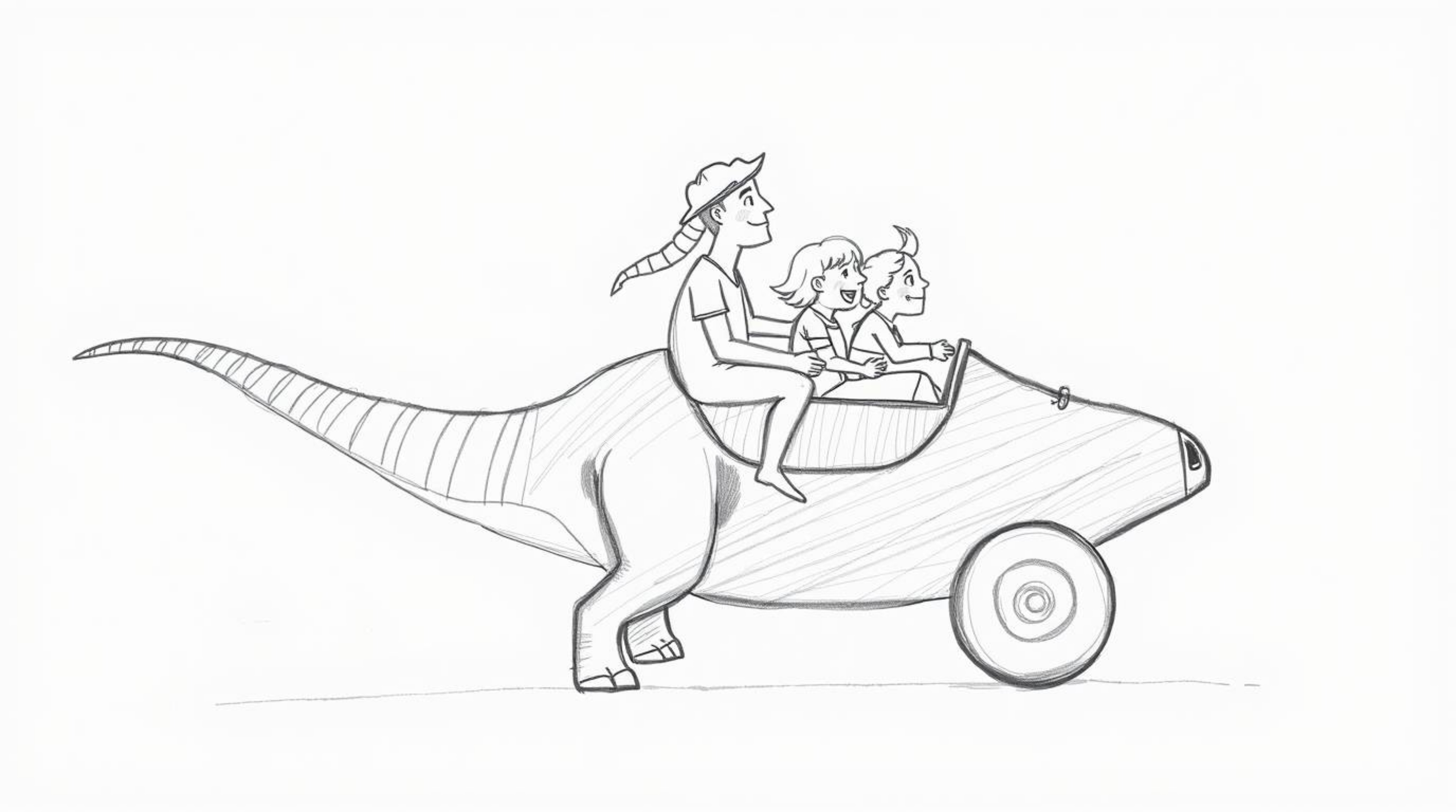 A whimsical hand-drawn sketch depicts a prehistoric family enjoying a ride in a fantastical dinosaur car.  The image features
