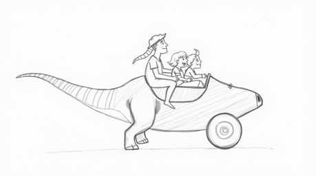 A whimsical hand-drawn sketch depicts a prehistoric family enjoying a ride in a fantastical dinosaur car.  The image features