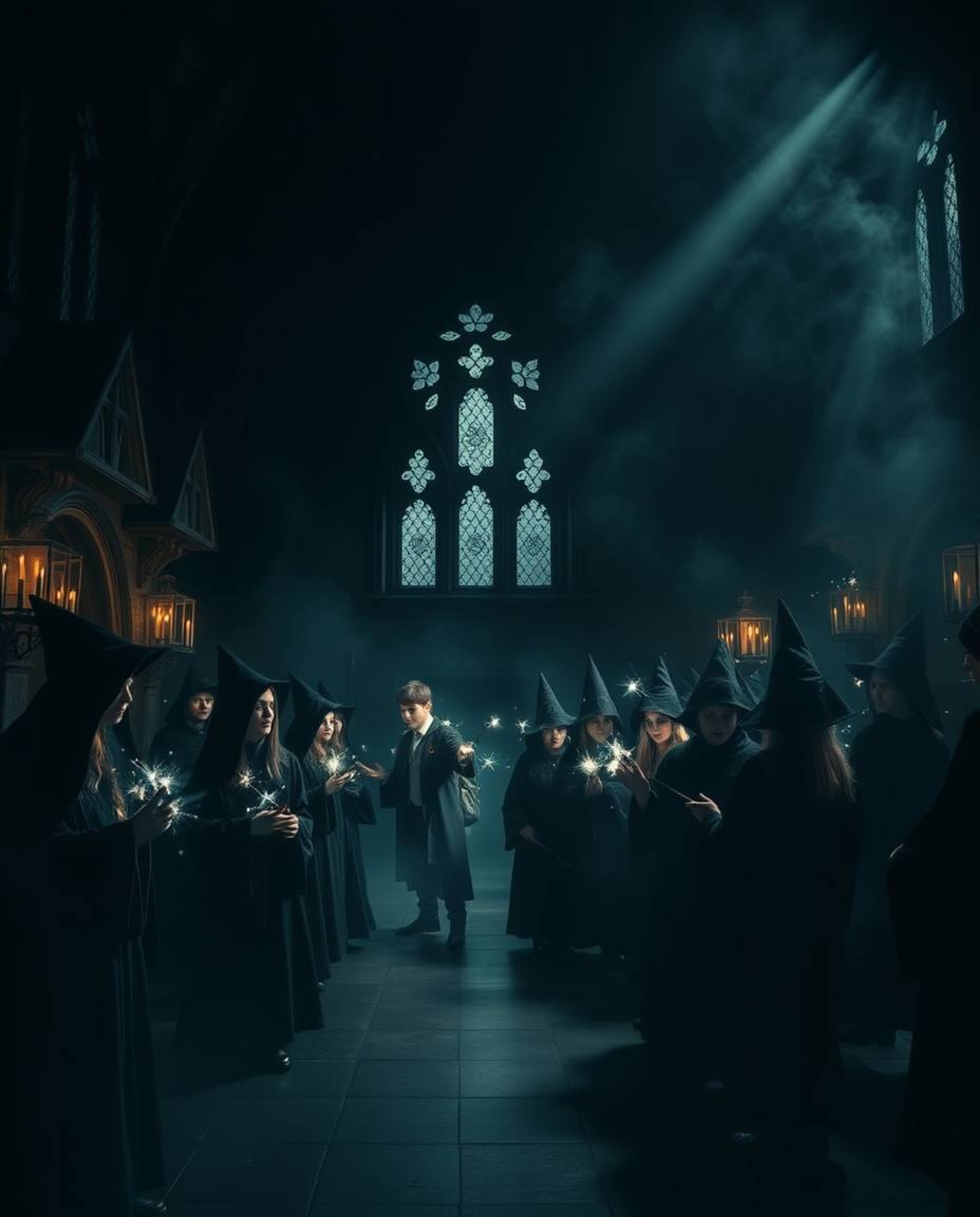 Experience the ethereal and spiritual vibe of a magical school filled with young wizards. This intense jet black image, with 
