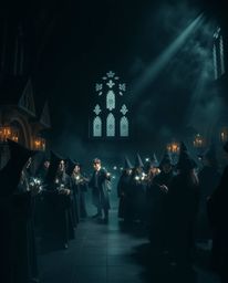 Experience the ethereal and spiritual vibe of a magical school filled with young wizards. This intense jet black image, with