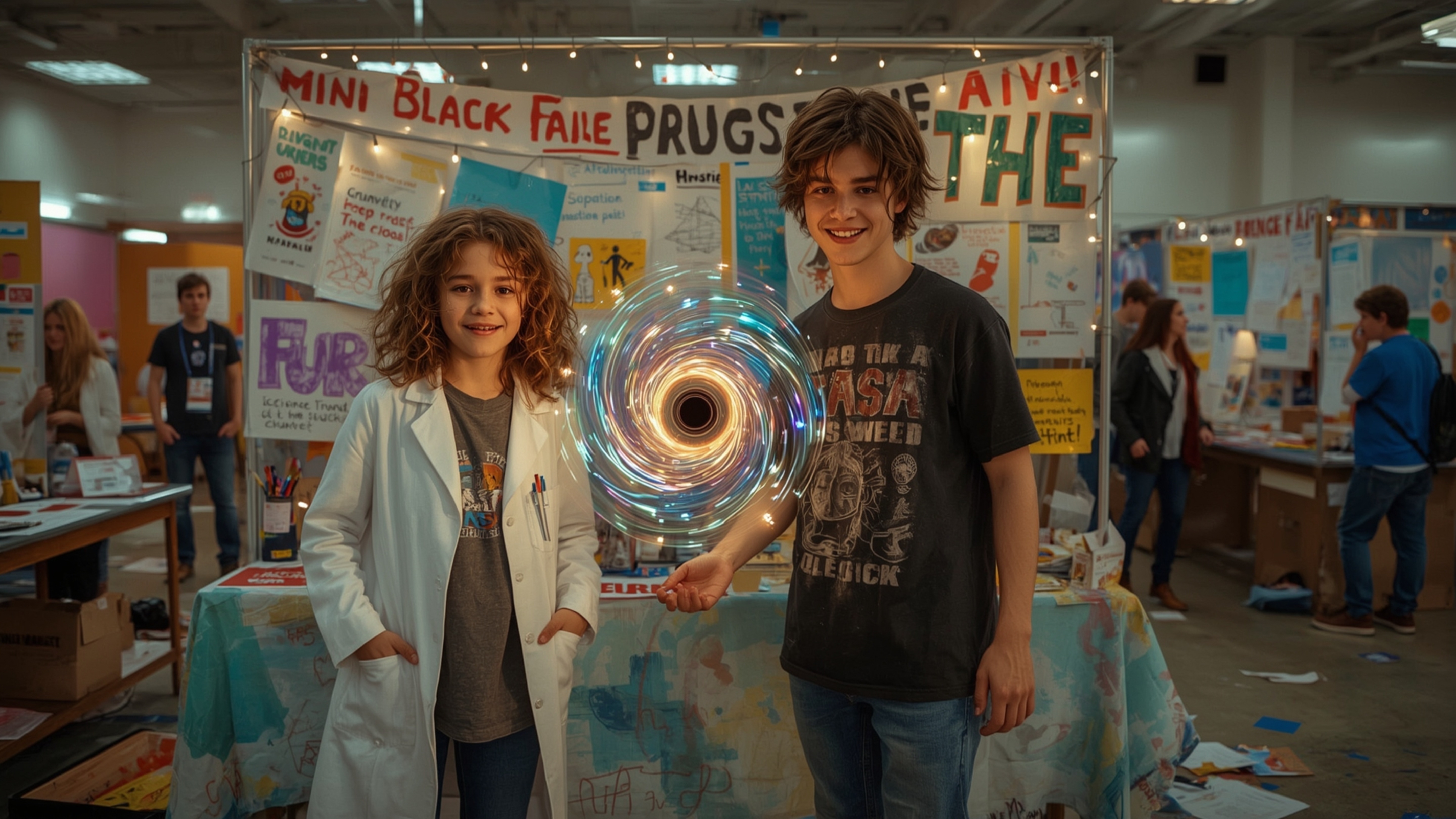 In a vibrant, cinematic photograph rendered in a hyper-realistic, Pixar-inspired style, a dynamic science fair duo unwittingl