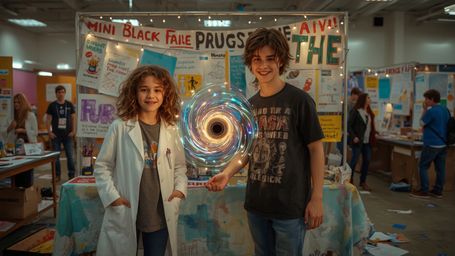 In a vibrant, cinematic photograph rendered in a hyper-realistic, Pixar-inspired style, a dynamic science fair duo unwittingl