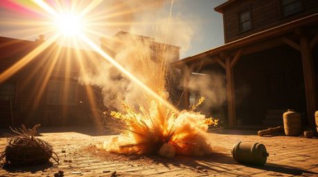 A captivating photograph captures a classic Wild West TNT explosion, bathed in natural earth tones.  The image is enhanced by